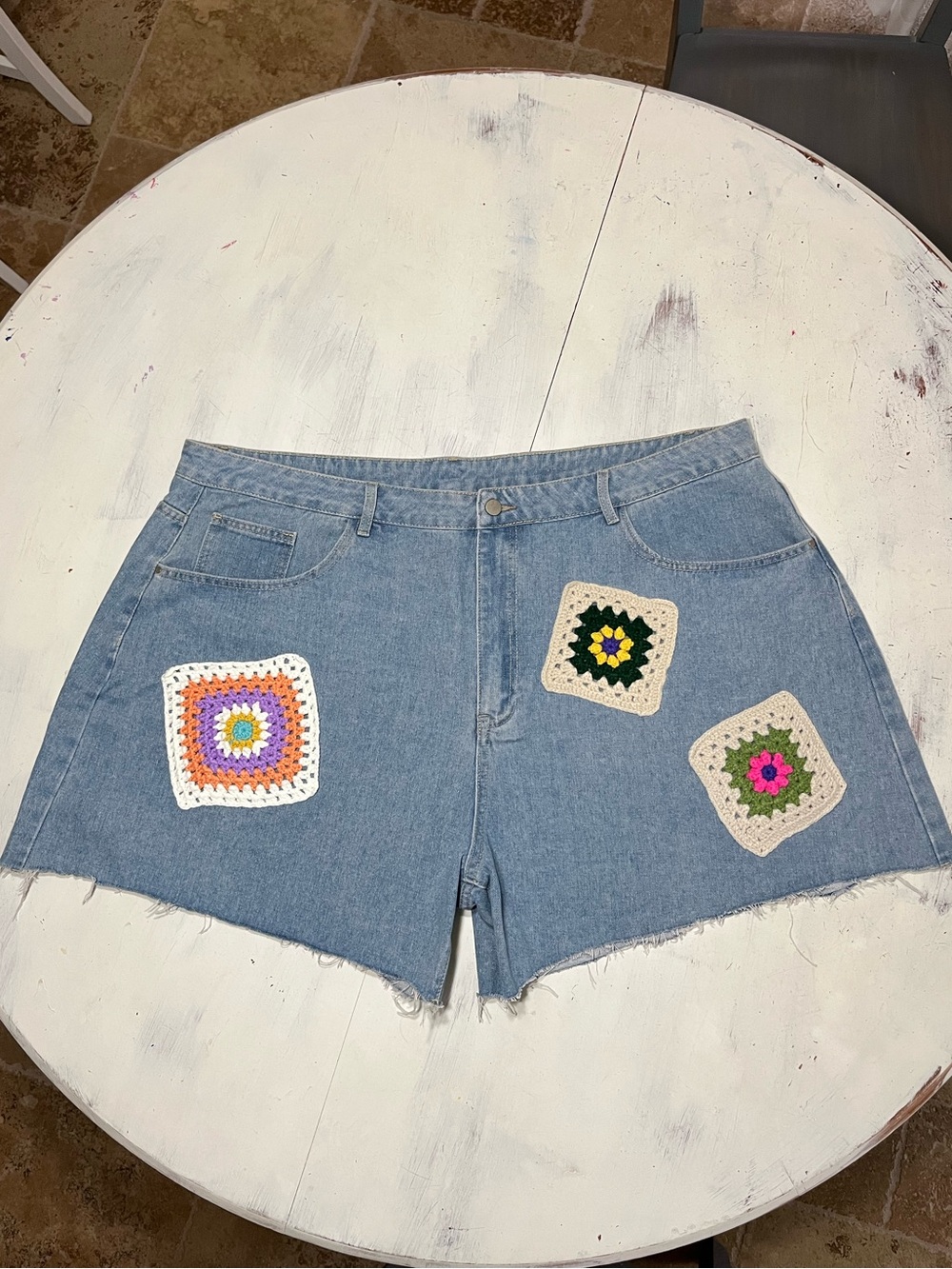 Cider Crotchet Granny Square High Rise Cut Off Denim Shorts Sz 4XL Boho Festival